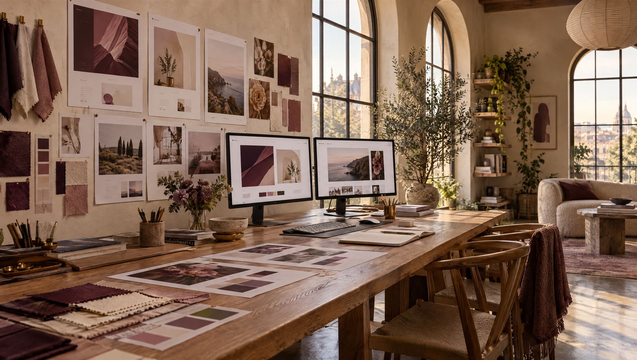 Design studio worktable with layouts and swatches