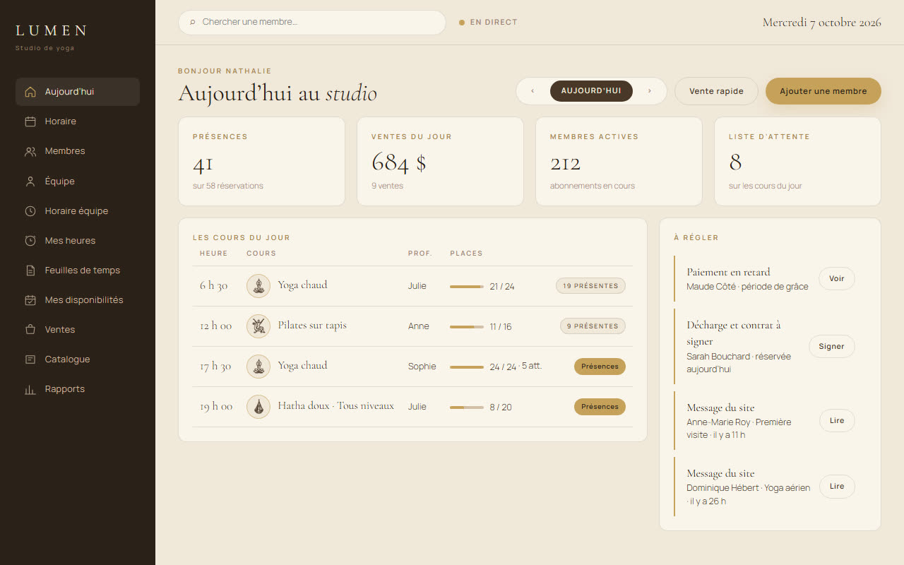 Studio management app dashboard with today's classes