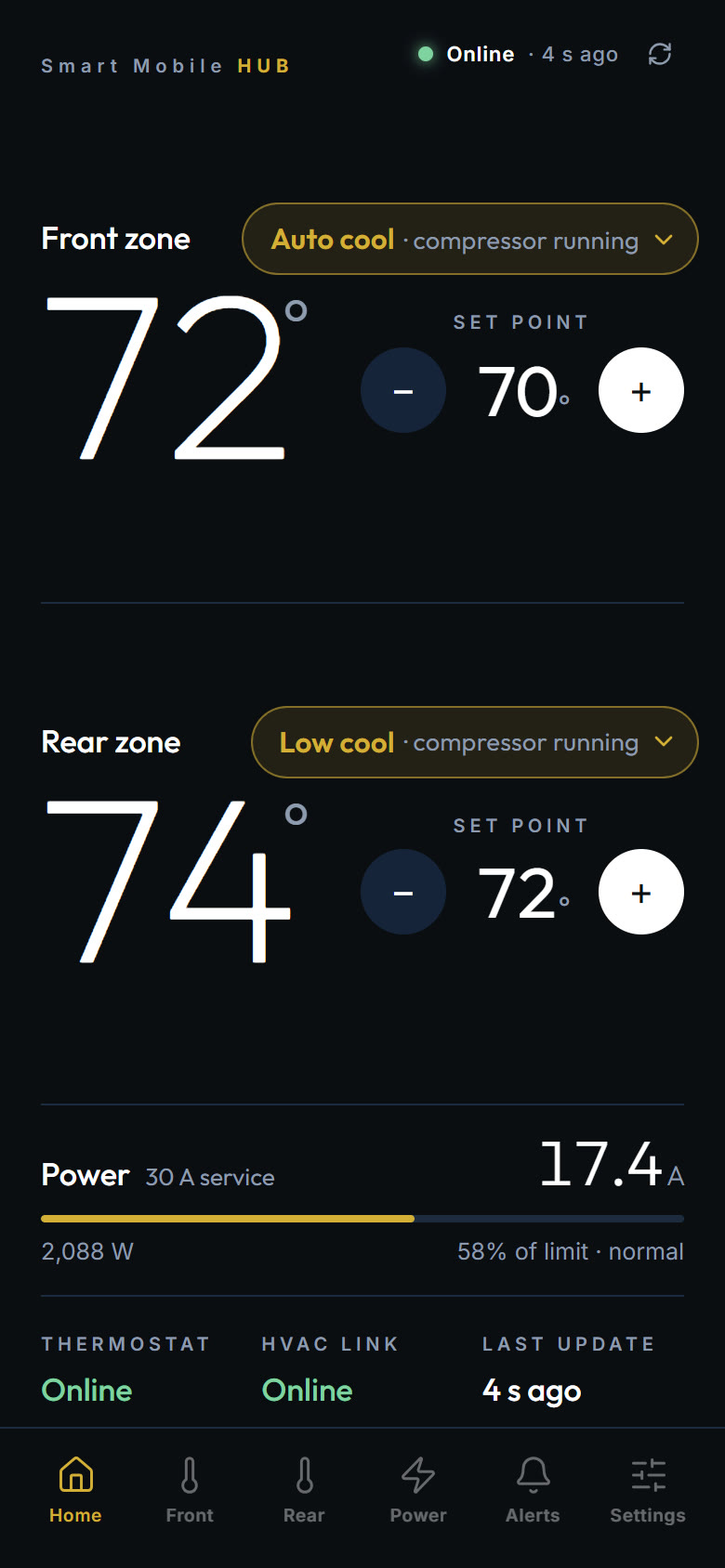 Home screen: front zone 72 degrees and rear zone 74 degrees with their set points, live power at 17.4 amps, thermostat online
