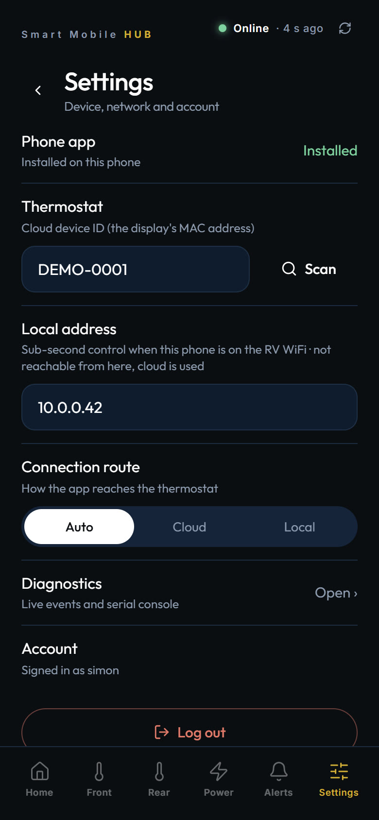 Settings screen: app installed, device ID, connection route
